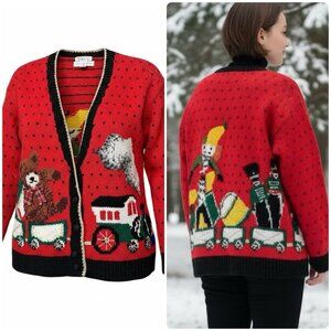 VTG 90s Talbots Womens Large Christmas Toy Train Hand Knit Red Cardigan Sweater
